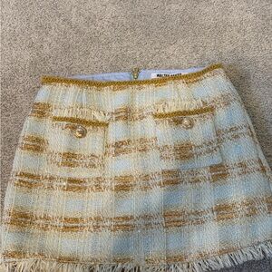 Walter Baker White and Gold Tweed Fringe Mini Skirt